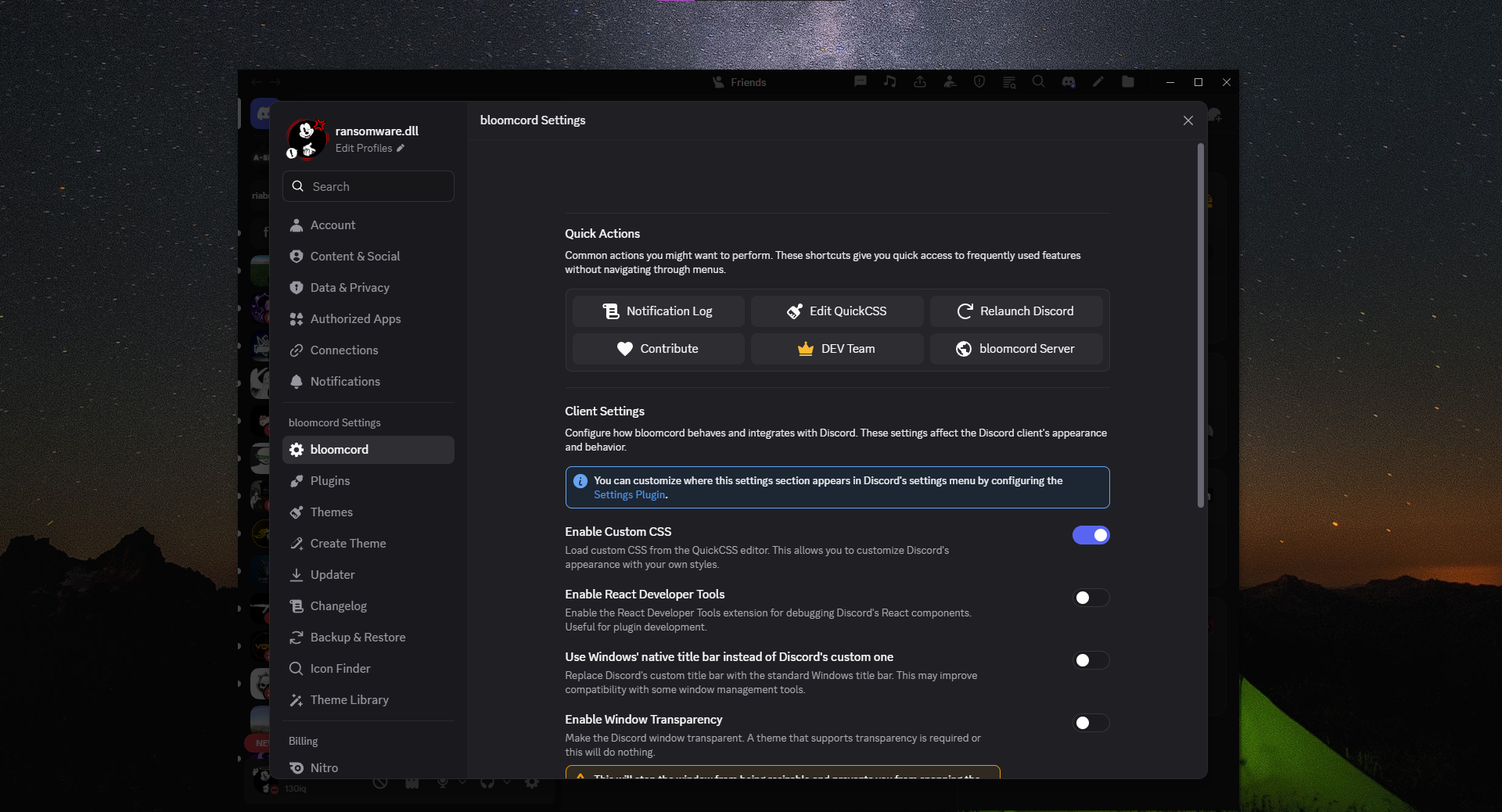 Bloomcord settings interface